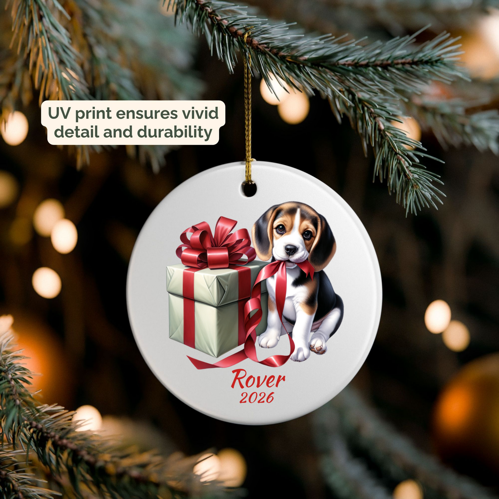 Personalized Beagle ornament hanging on a lit Christmas tree