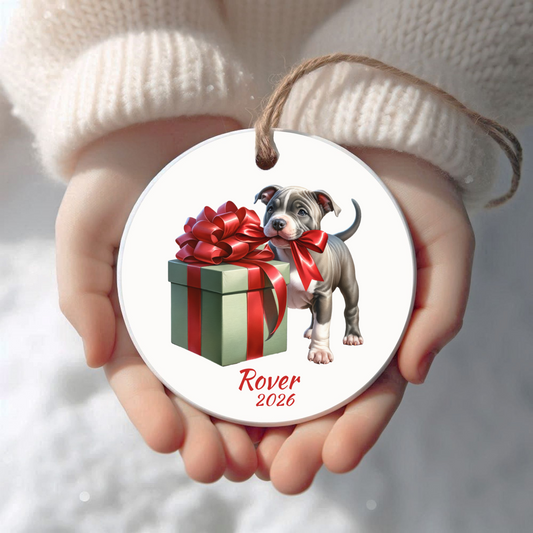 Personalized American Pitbull Christmas ornament held in cupped hands