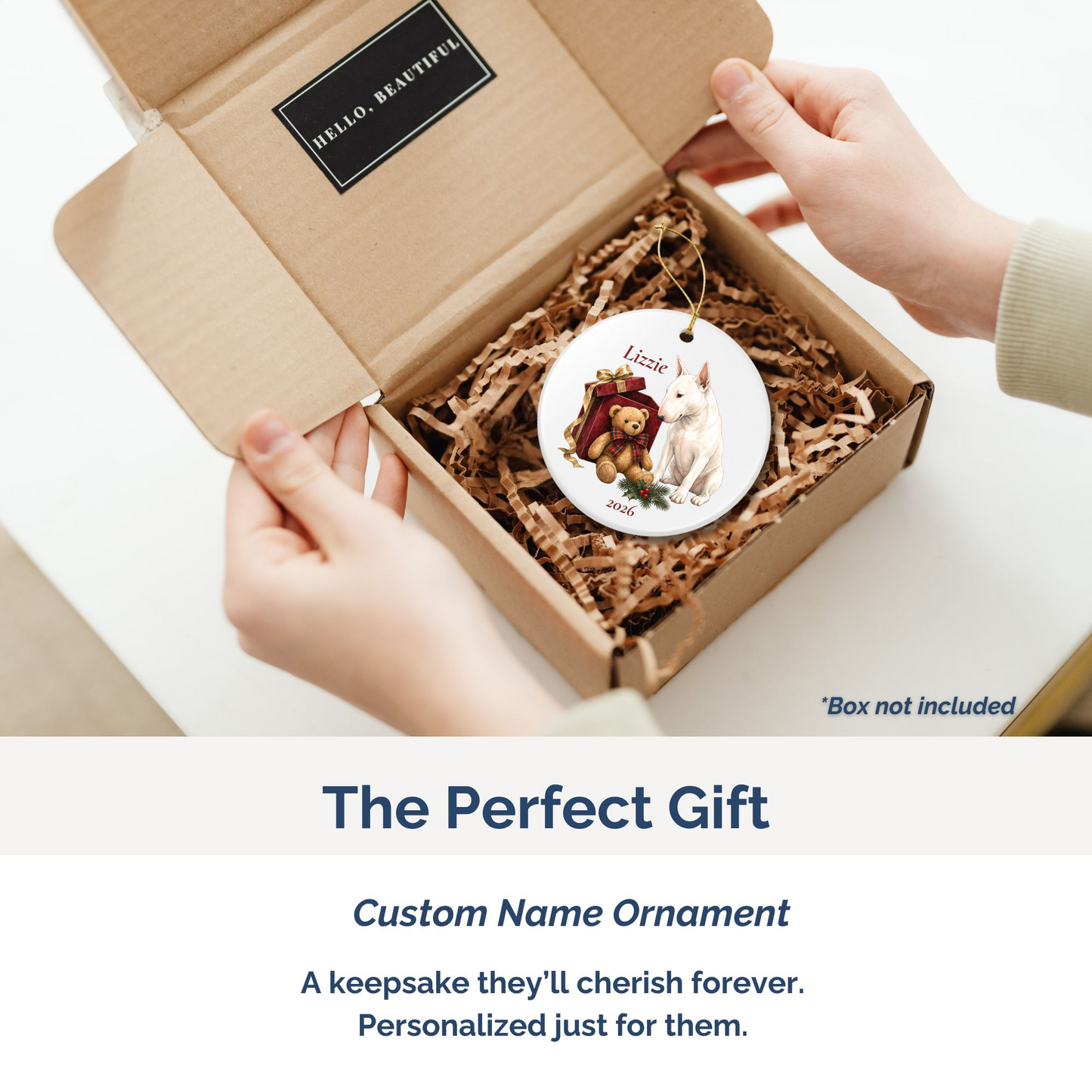 Bull Terrier personalized ornament packed in a gift mailer box