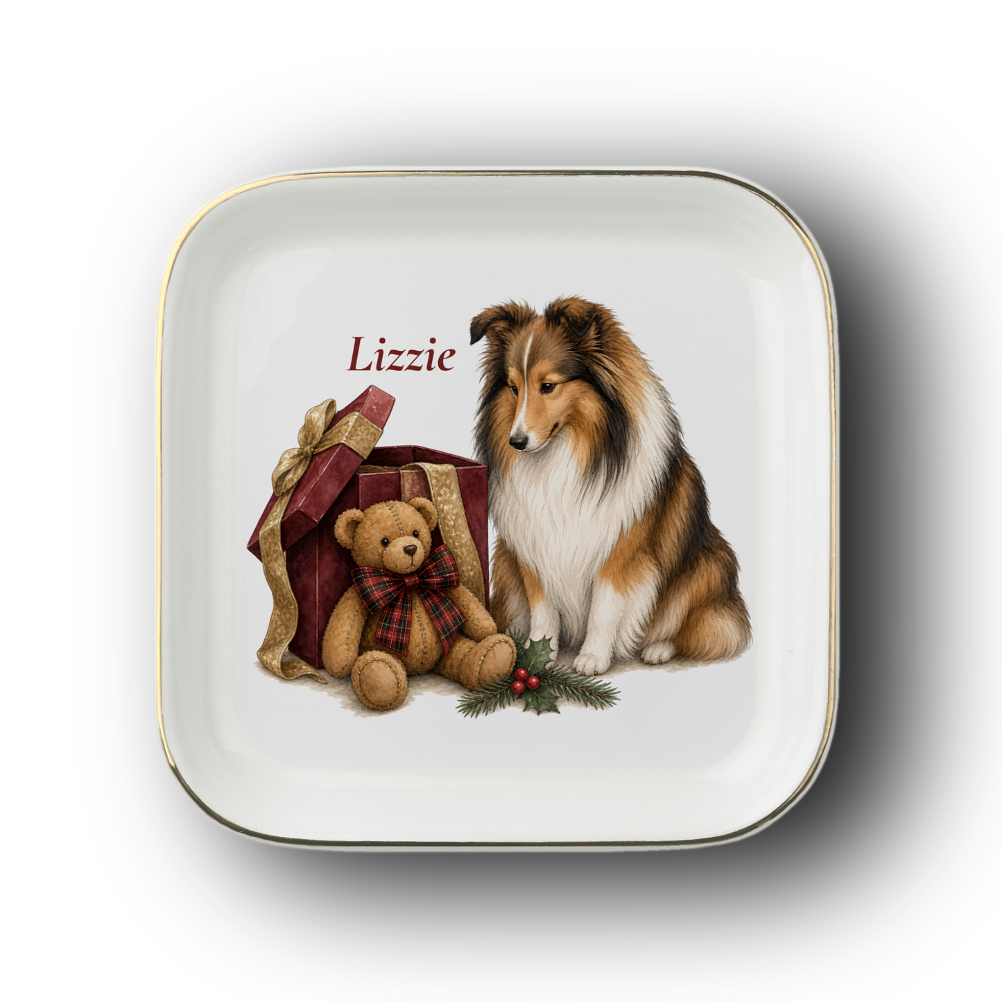 Shetland Sheepdog jewelry dish on a white background