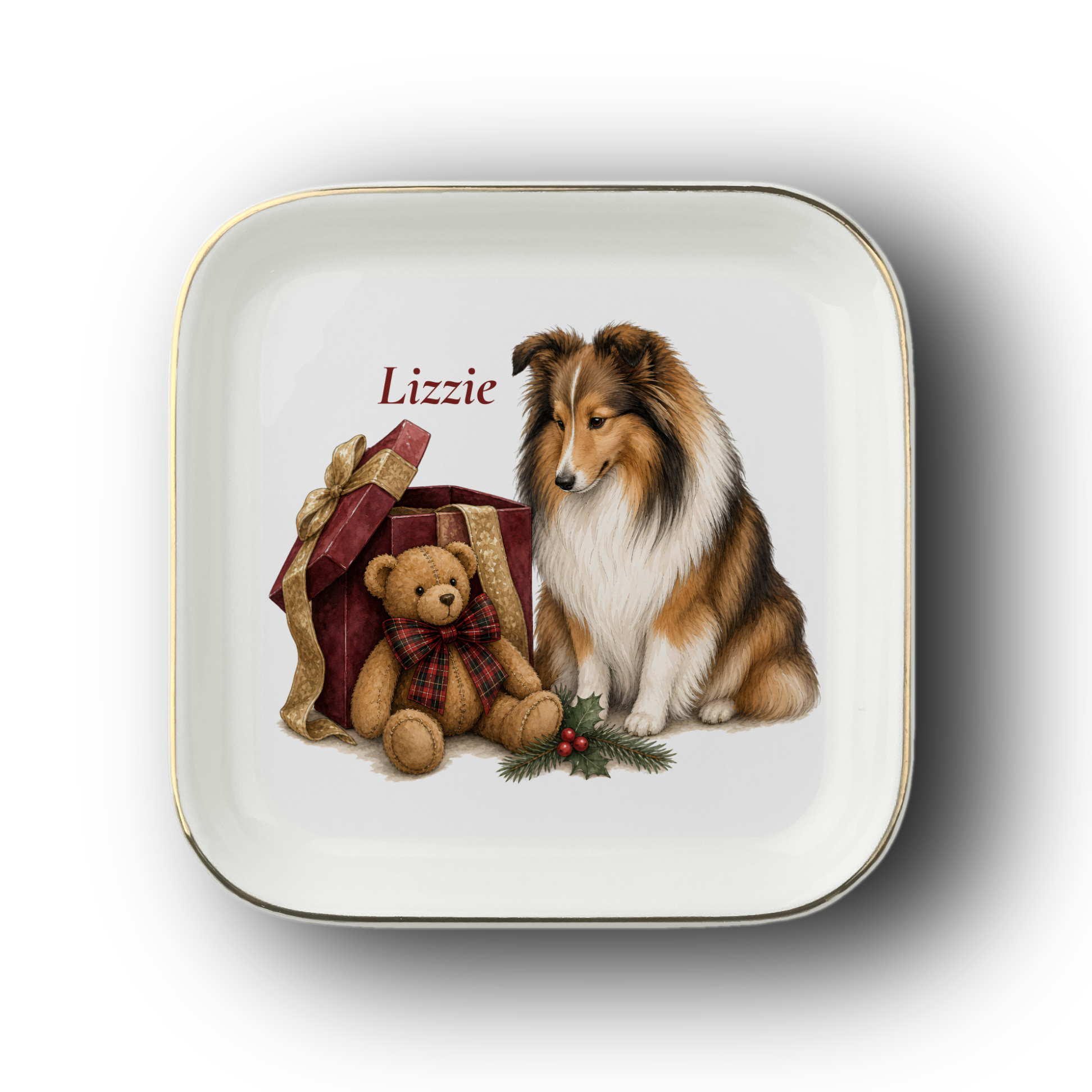 Shetland Sheepdog jewelry dish on a white background