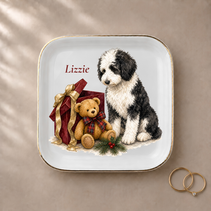 Sheepadoodle jewelry dish styled with gold rings and a personalized name
