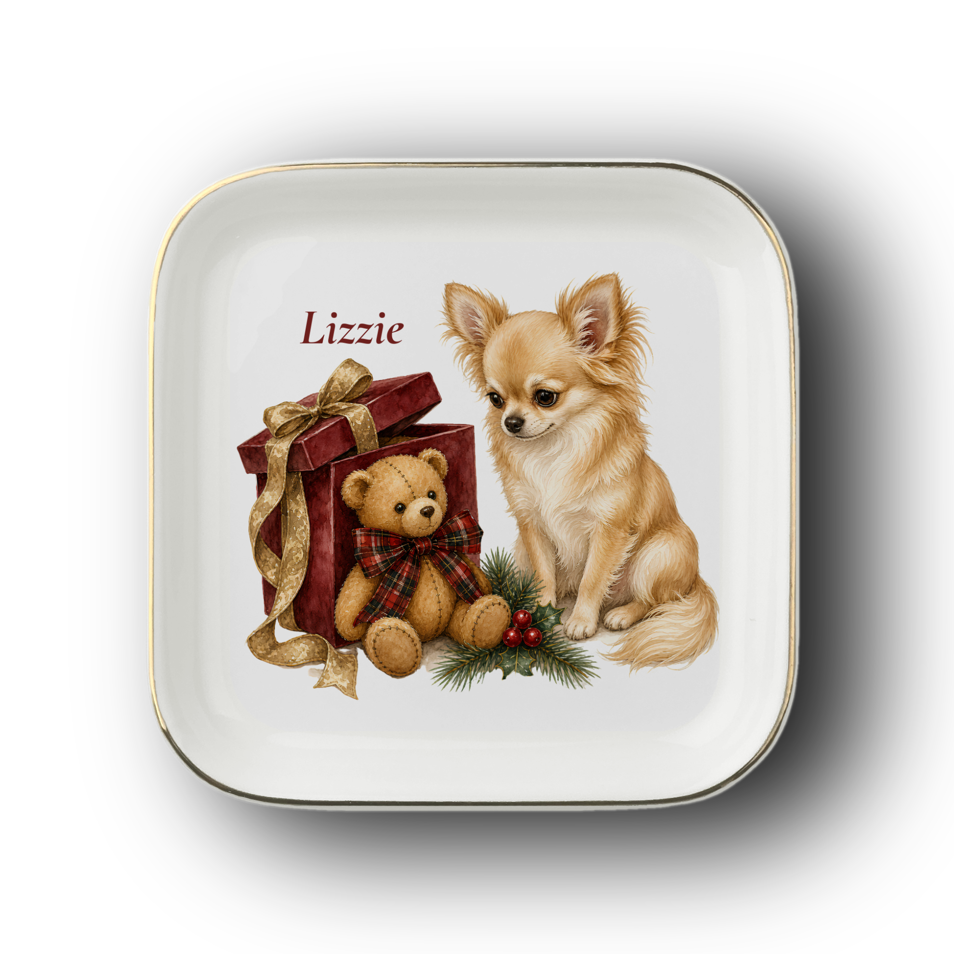 Longhaired Chihuahua jewelry dish on a white background