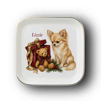 Longhaired Chihuahua jewelry dish on a white background