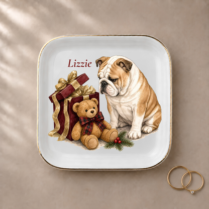 English Bulldog jewelry dish styled with gold rings and a personalized name