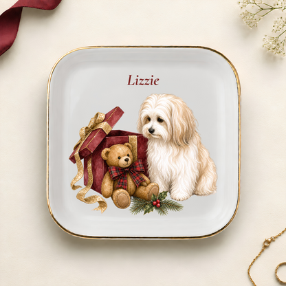 Personalized Havanese Christmas jewelry dish with gold rim