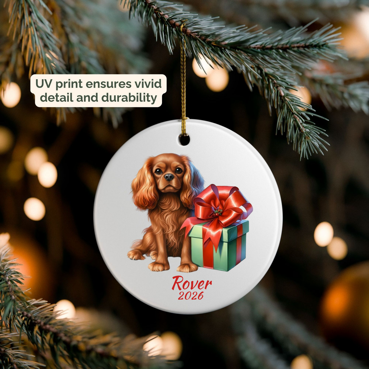 Personalized Ruby Cavalier King Charles Spaniel ornament hanging on a lit Christmas tree
