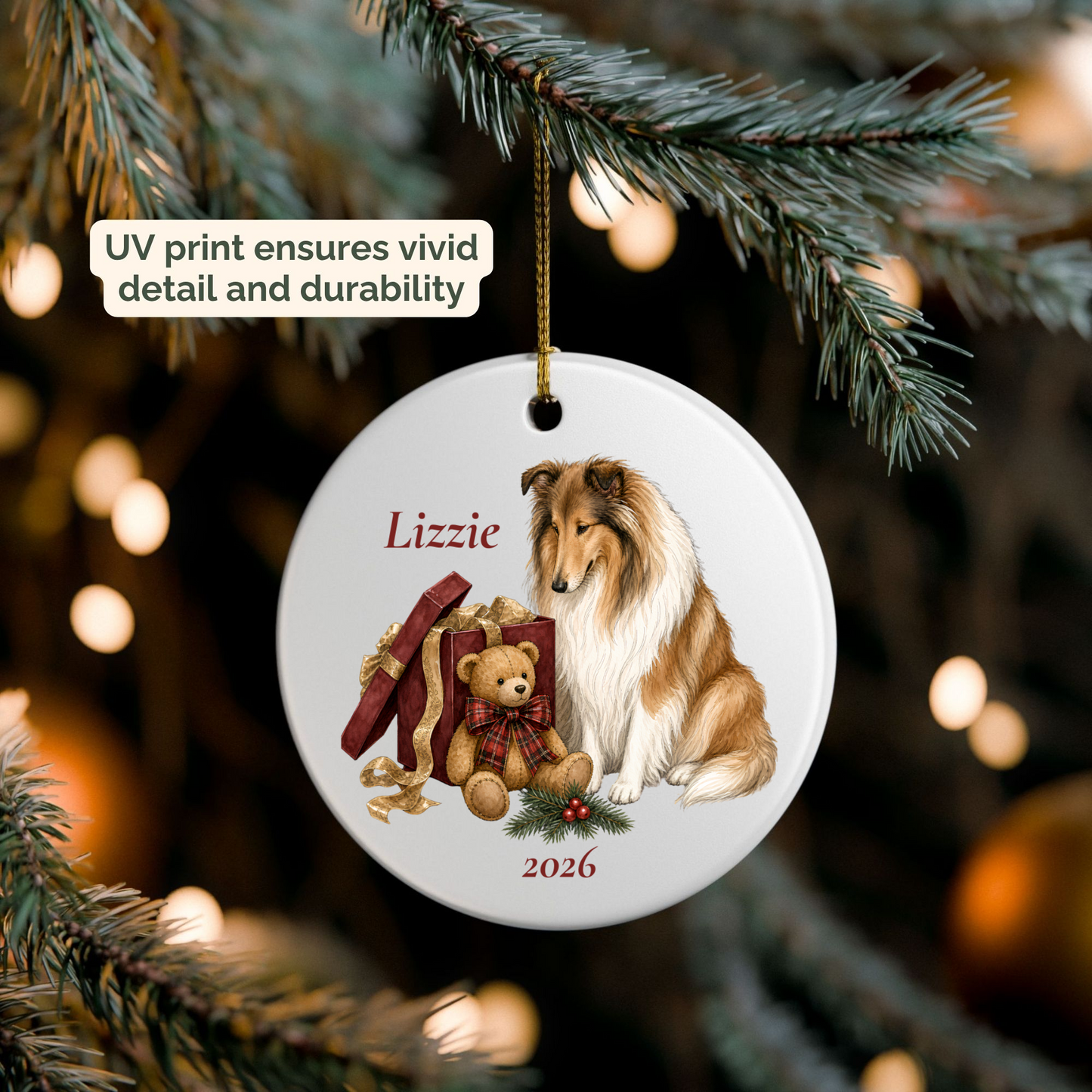 Personalized Rough Collie ornament hanging on a lit Christmas tree