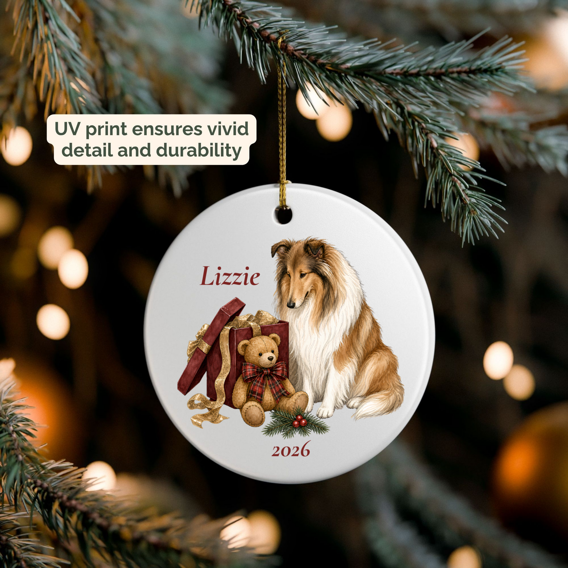 Personalized Rough Collie ornament hanging on a lit Christmas tree