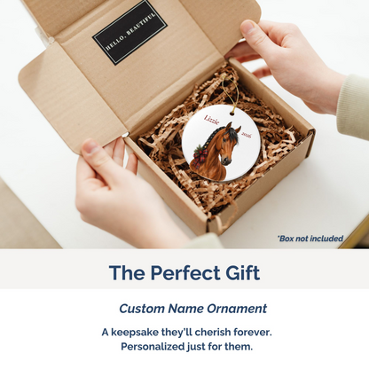 Bay horse personalized ornament packed in a gift mailer box