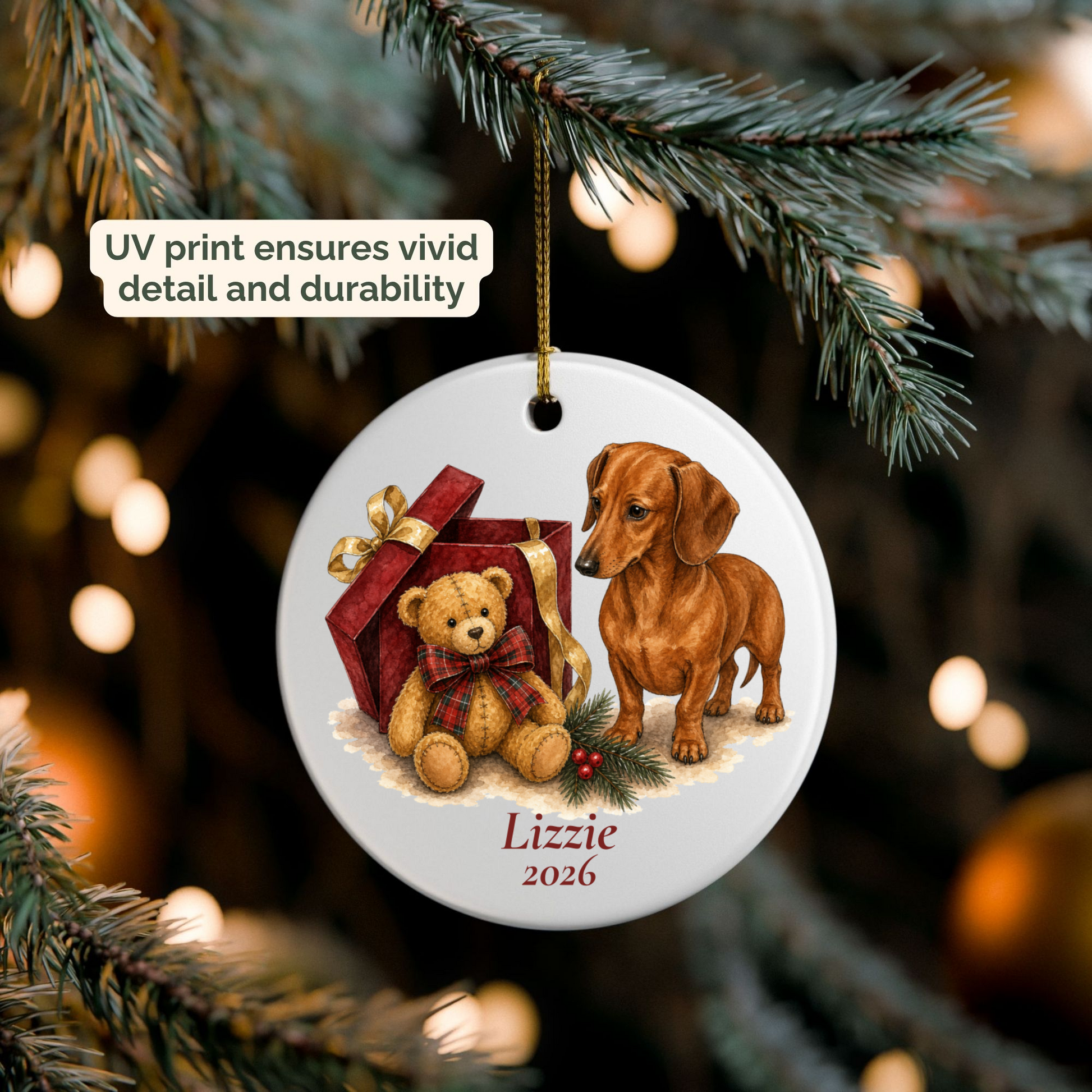 Personalized Red Dachshund ornament hanging on a lit Christmas tree
