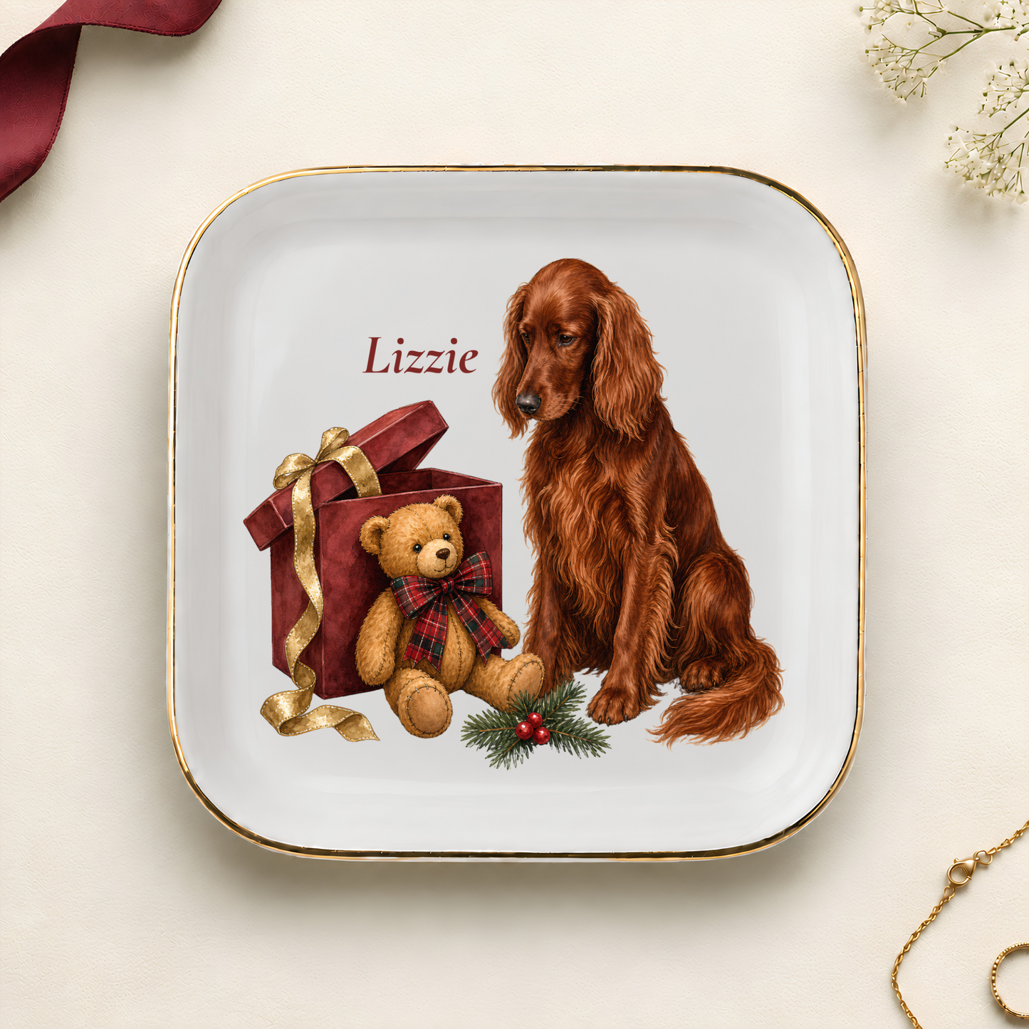 Personalized Irish Setter Christmas jewelry dish with gold rim