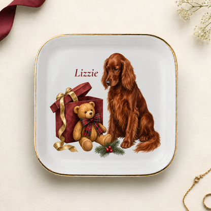 Personalized Irish Setter Christmas jewelry dish with gold rim