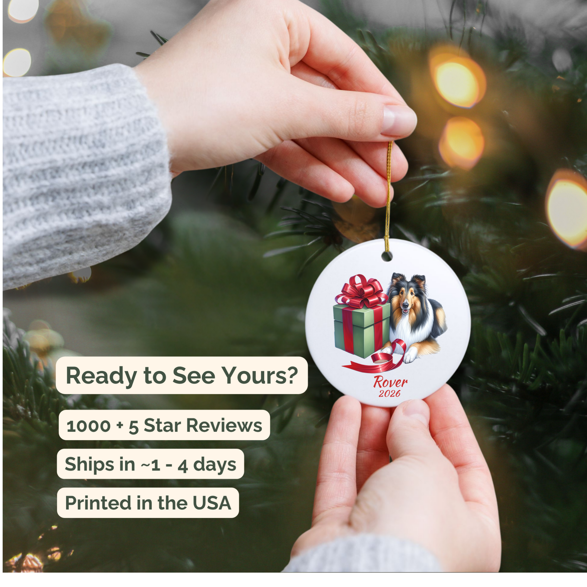 Hand holding a personalized Rough Collie ceramic ornament beside a Christmas tree
