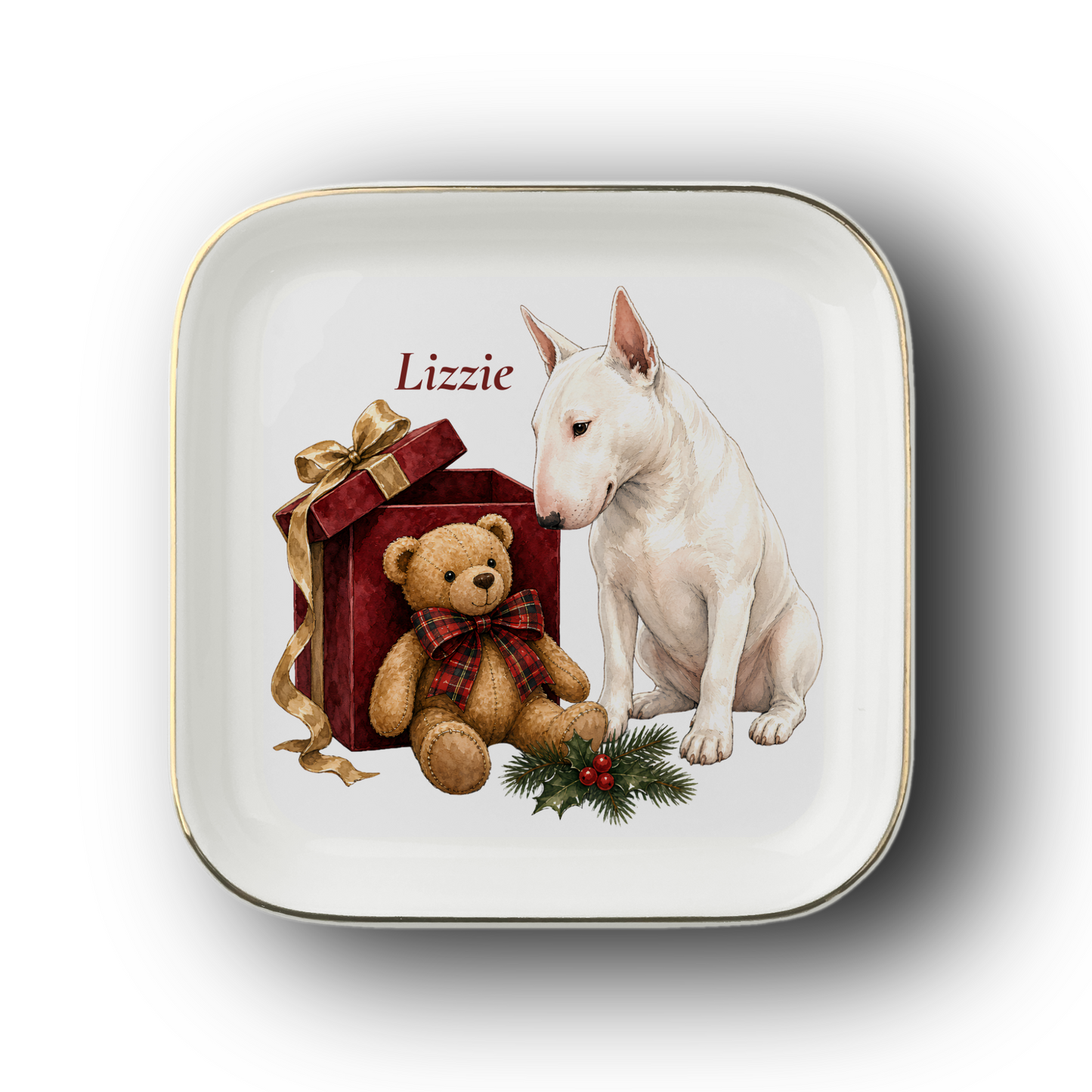 Bull Terrier jewelry dish on a white background