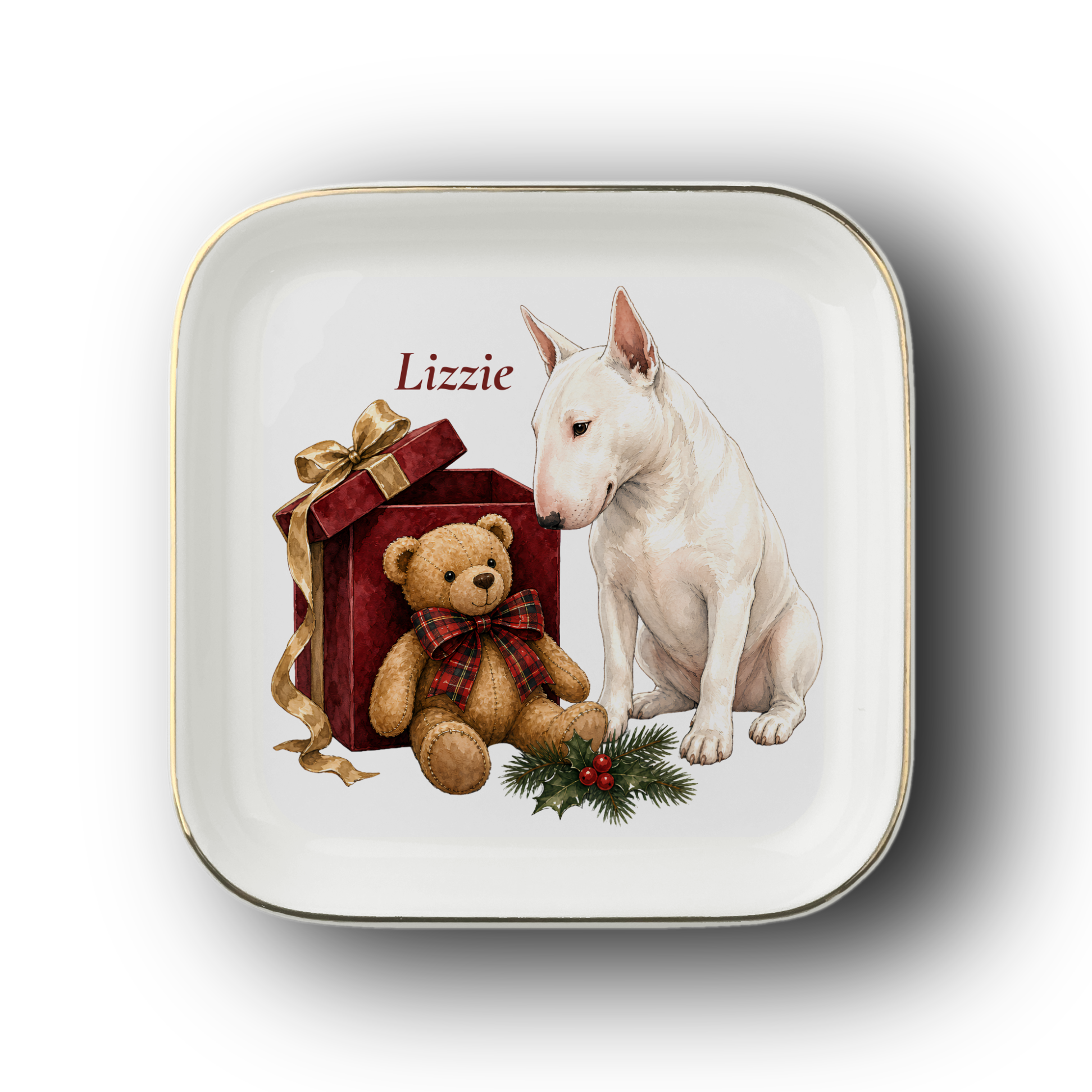 Bull Terrier jewelry dish on a white background