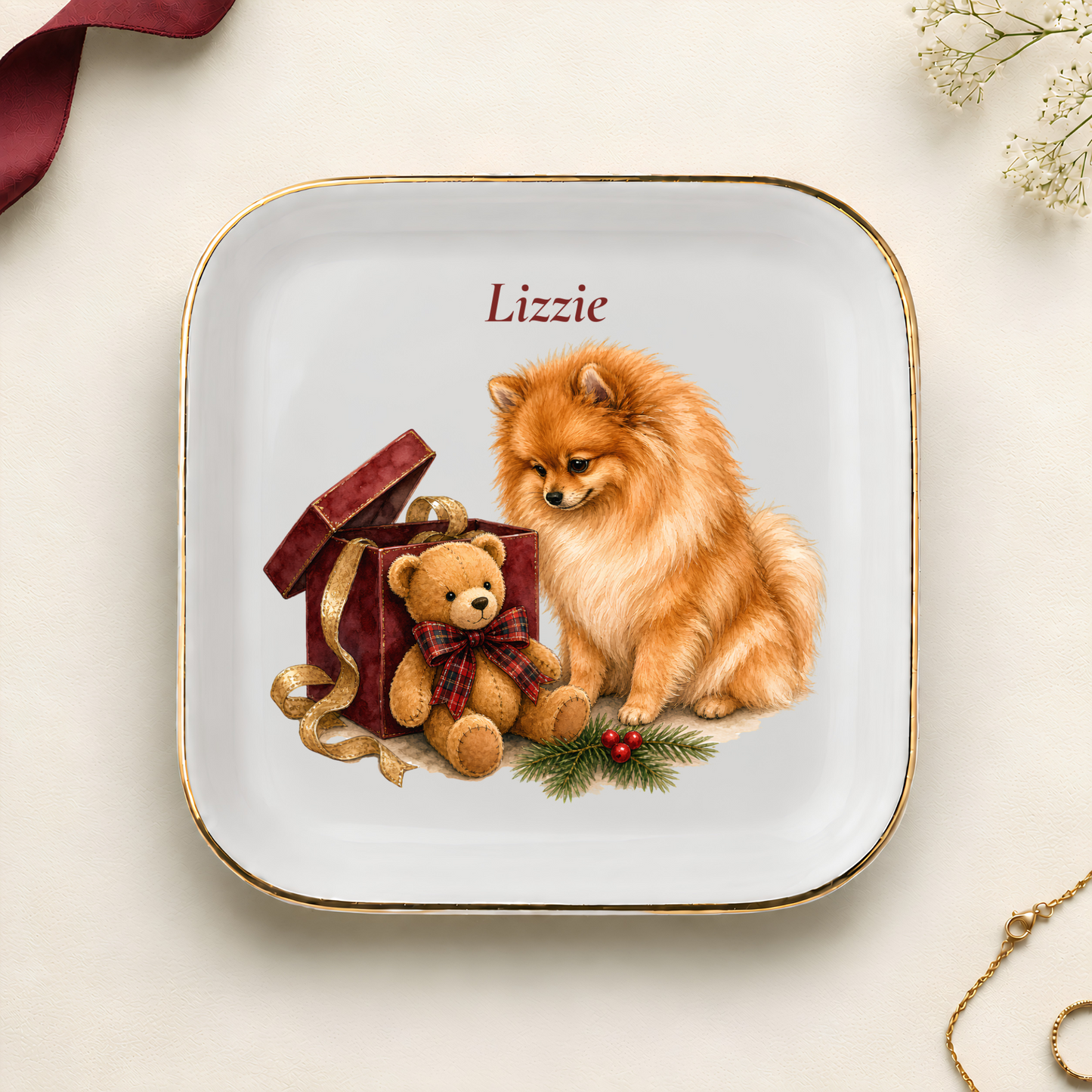 Personalized Pomeranian Christmas jewelry dish with gold rim