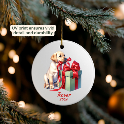Personalized yellow Labrador Retriever ornament hanging on a lit Christmas tree
