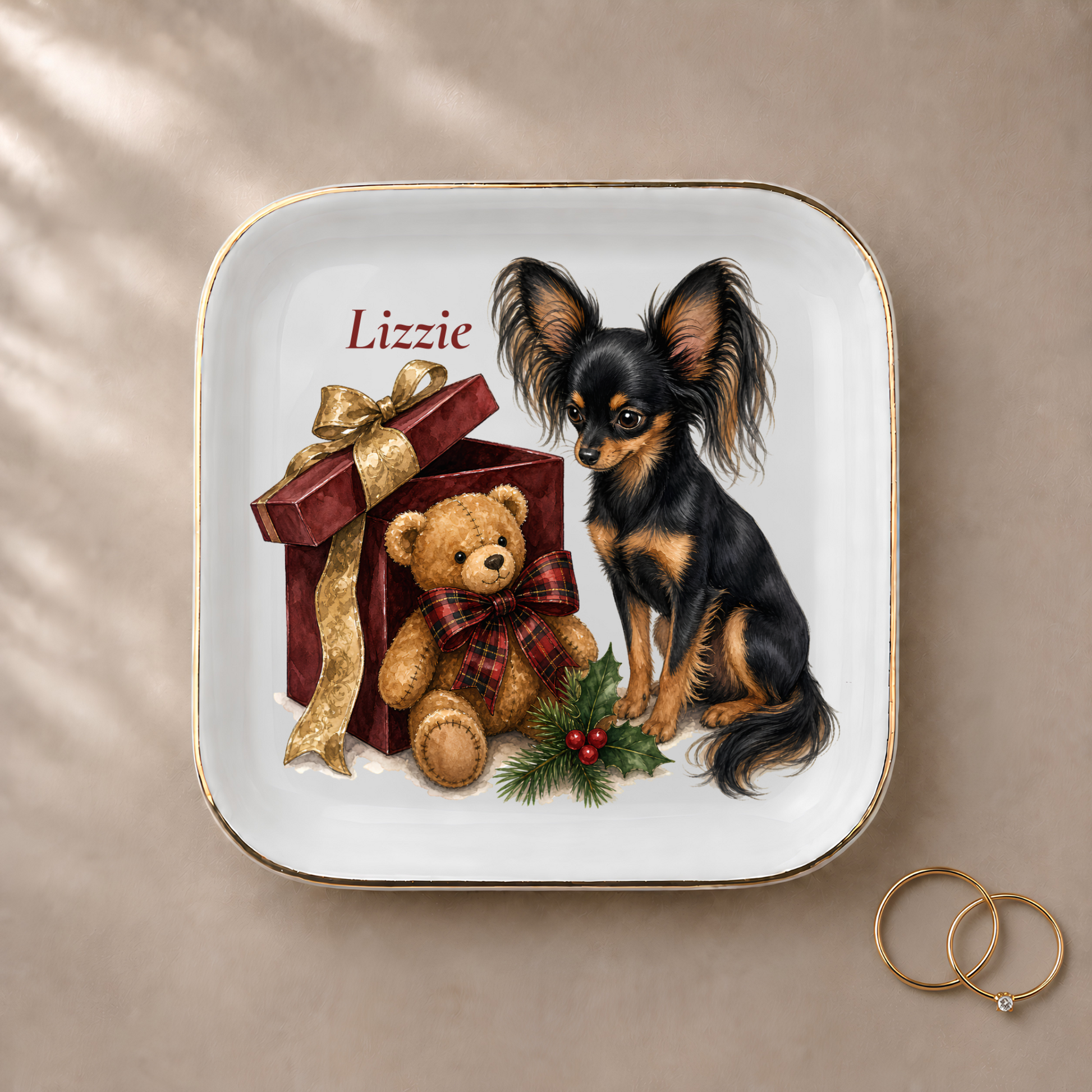 Russian Toy jewelry dish styled with gold rings and a personalized name