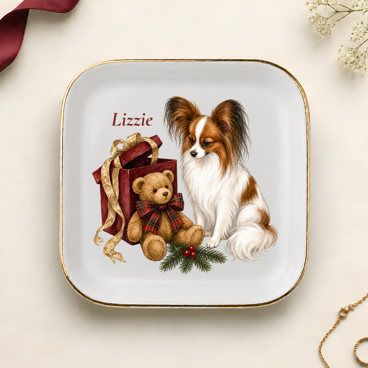 Personalized Papillon Christmas jewelry dish with gold rim