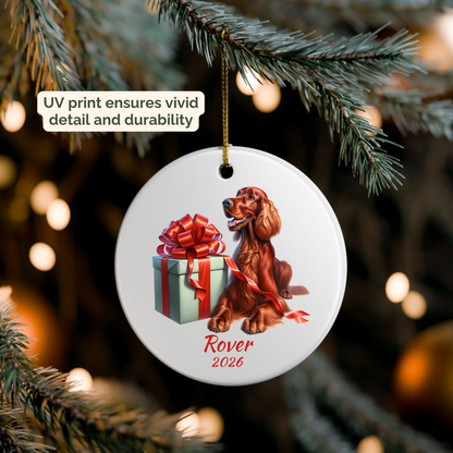 Personalized Irish Setter ornament hanging on a lit Christmas tree