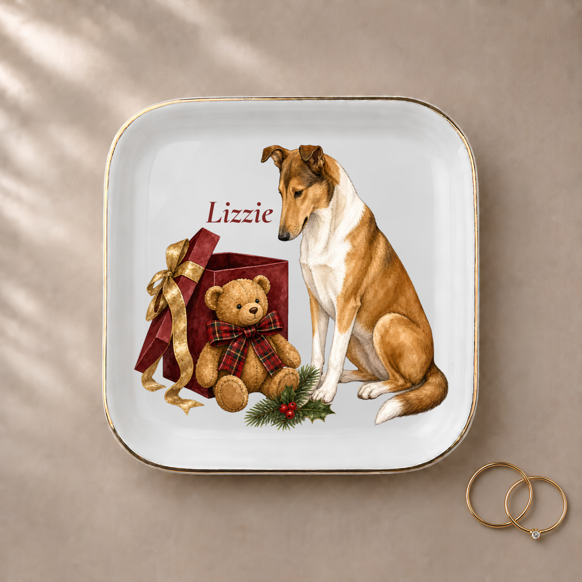 Smooth Collie jewelry dish styled with gold rings and a personalized name