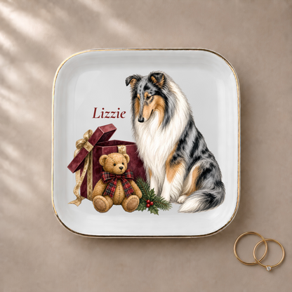 Rough Collie jewelry dish styled with gold rings and a personalized name