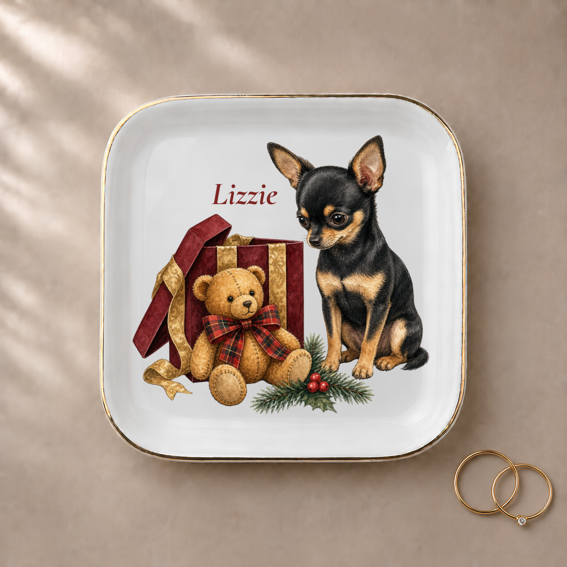 Chihuahua jewelry dish styled with gold rings and a personalized name