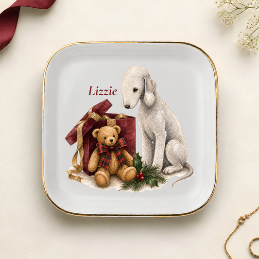 Personalized Bedlington Terrier Christmas jewelry dish with gold rim