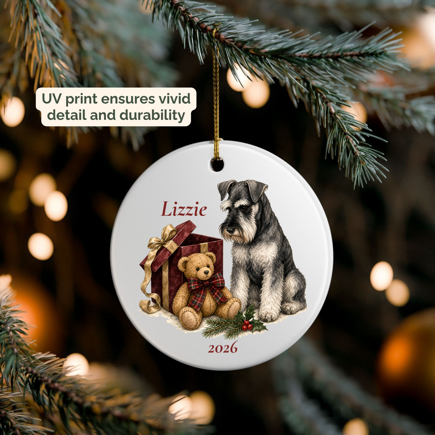 Personalized Standard Schnauzer ornament hanging on a lit Christmas tree