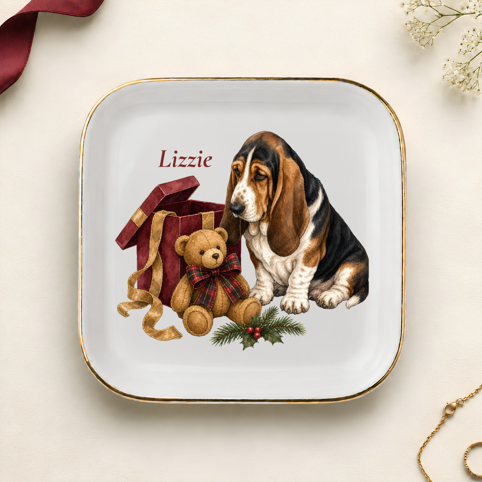 Personalized Basset Hound Christmas jewelry dish with gold rim