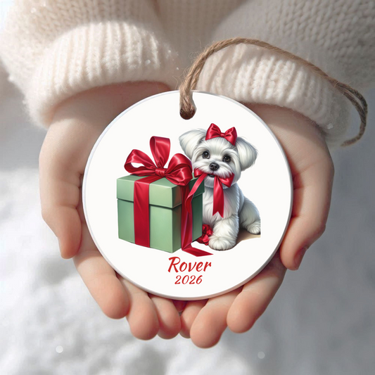 Personalized Maltese Christmas ornament held in cupped hands