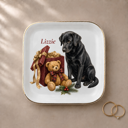 Labrador Retriever jewelry dish styled with gold rings and a personalized name