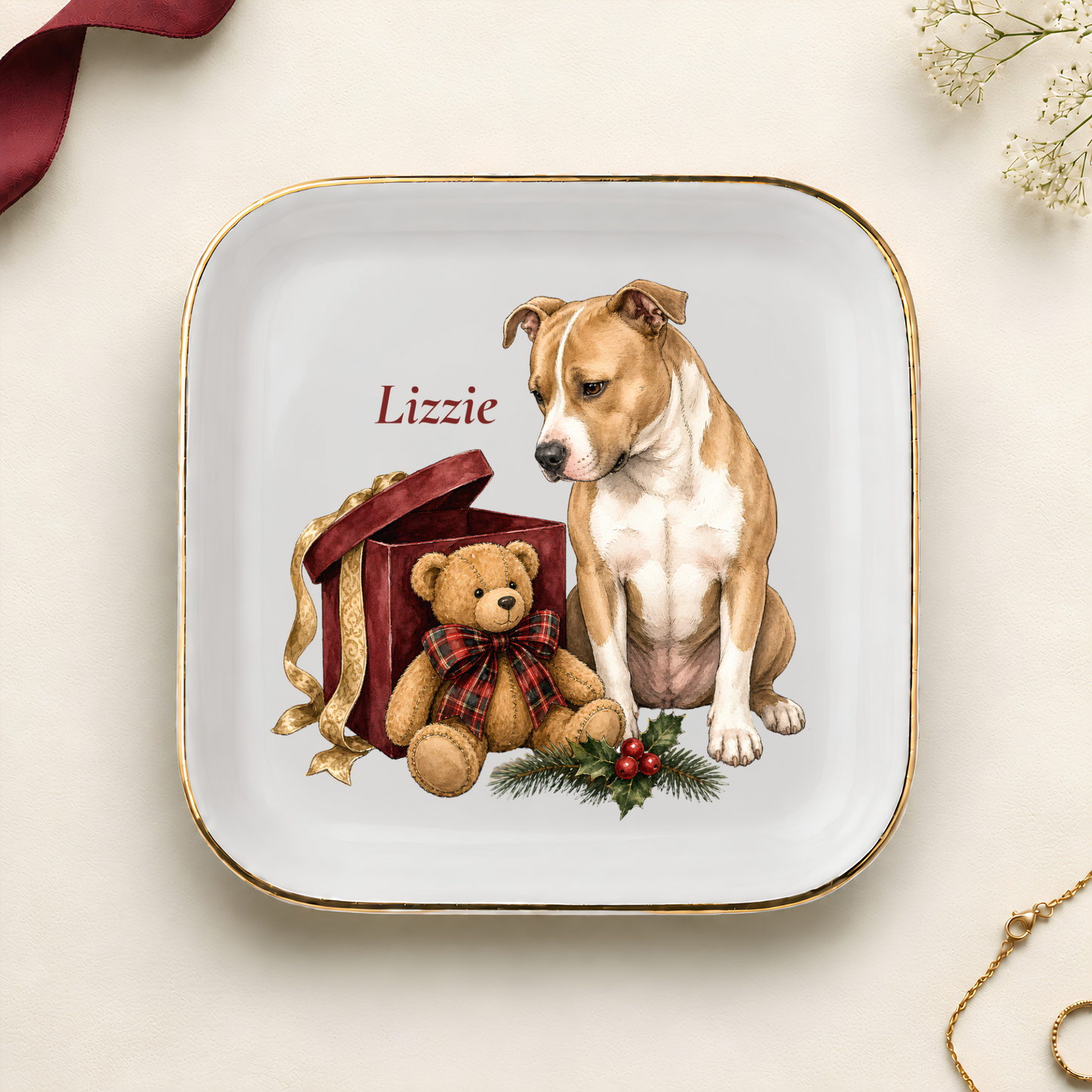 Personalized Pitbull Christmas jewelry dish with gold rim