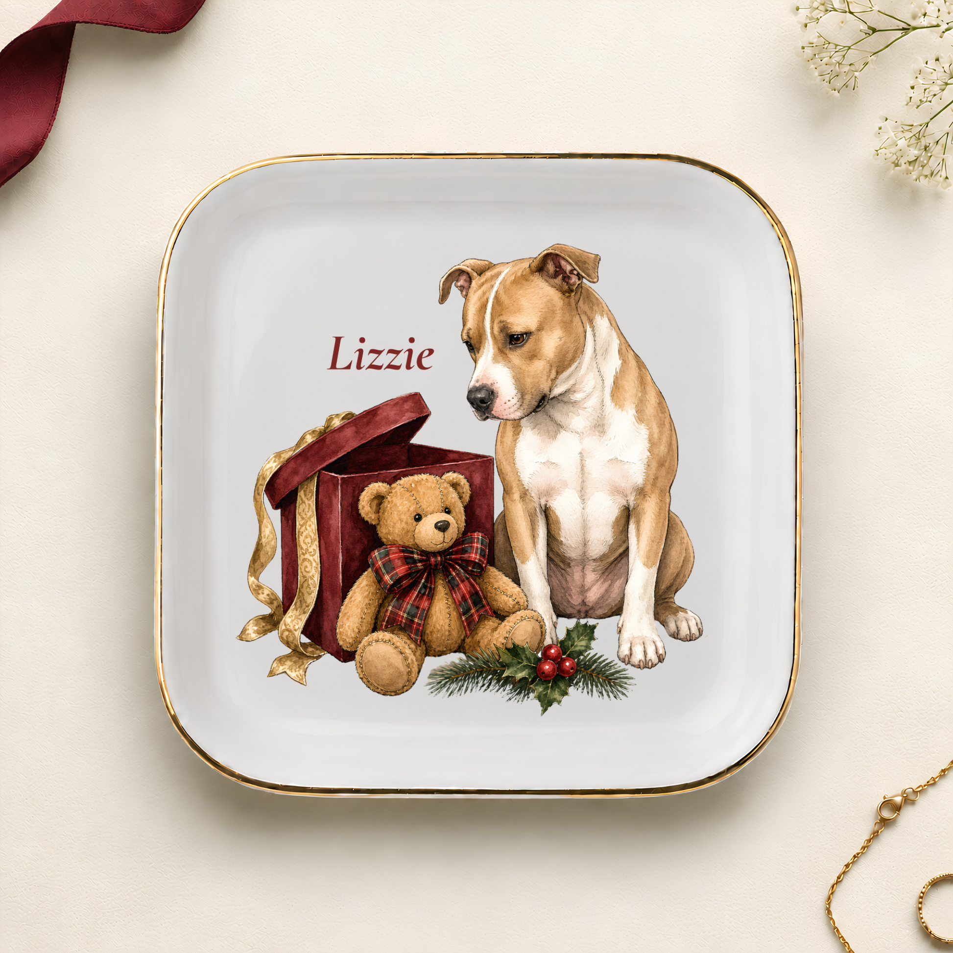 Personalized Pitbull Christmas jewelry dish with gold rim