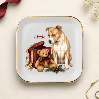 Personalized Pitbull Christmas jewelry dish with gold rim
