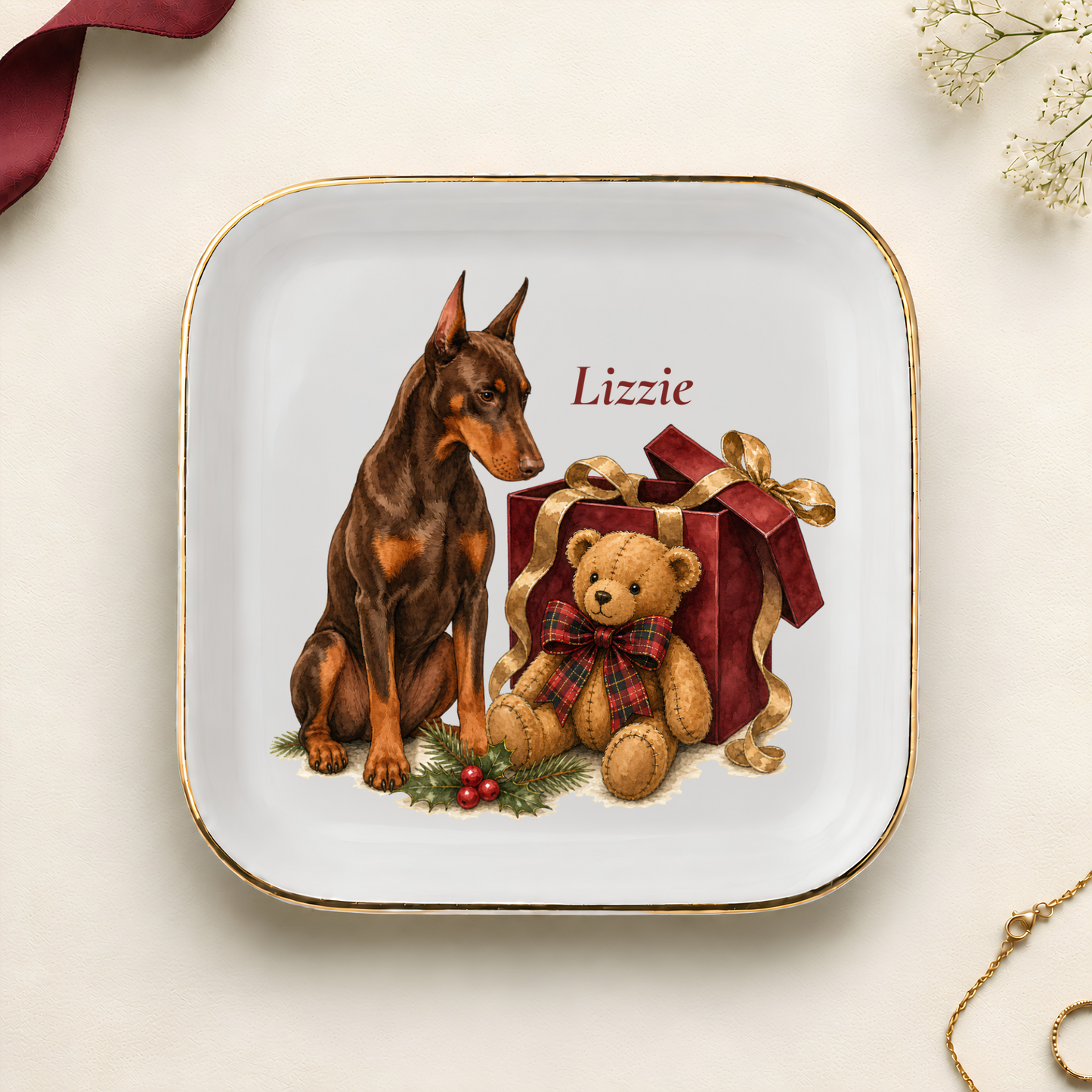 Personalized Doberman Christmas jewelry dish with gold rim
