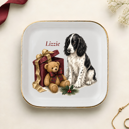 Personalized English Springer Spaniel Christmas jewelry dish with gold rim