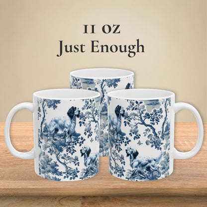 11 oz blue toile English Setter coffee mug shown from three sides