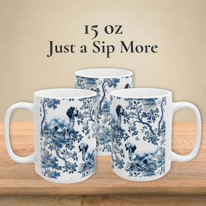 15 oz blue toile English Setter coffee cup shown from three sides