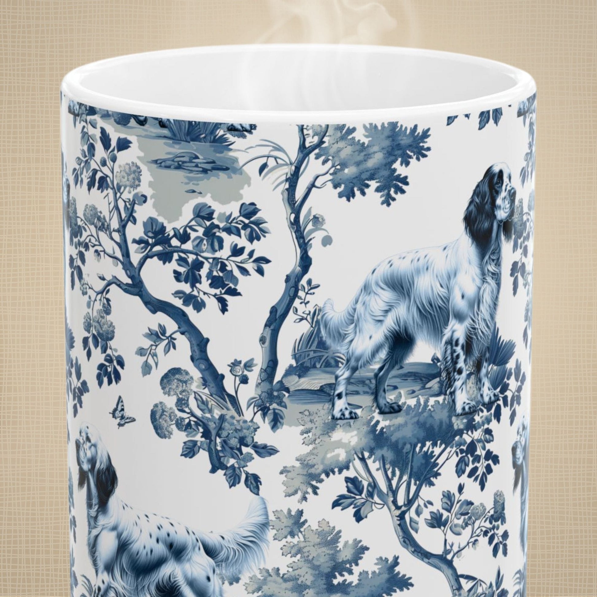 Close-up of the blue toile pattern on an English Setter coffee mug