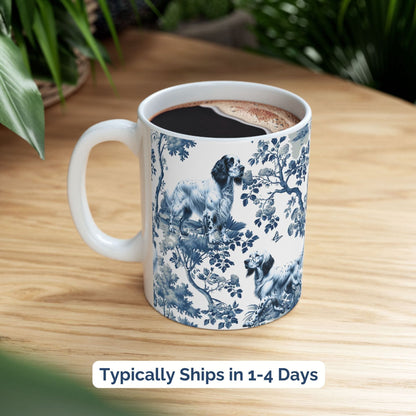 Blue toile English Setter coffee cup styled on a wooden board in a festive setting