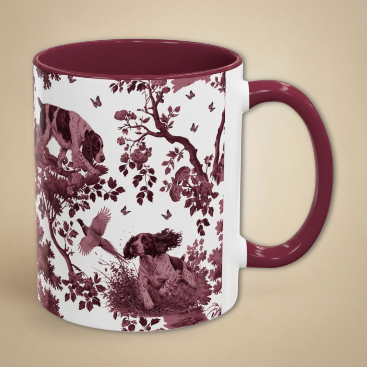 English Springer Spaniel cranberry toile 11 oz ceramic mug, right view