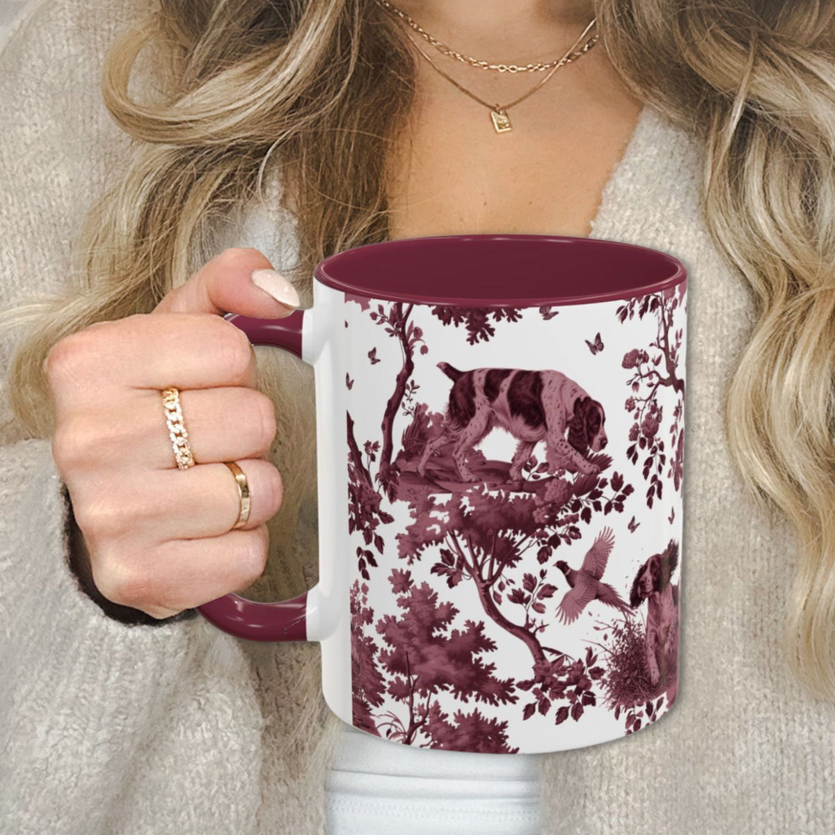 English Springer Spaniel cranberry toile 11 oz ceramic mug, left view