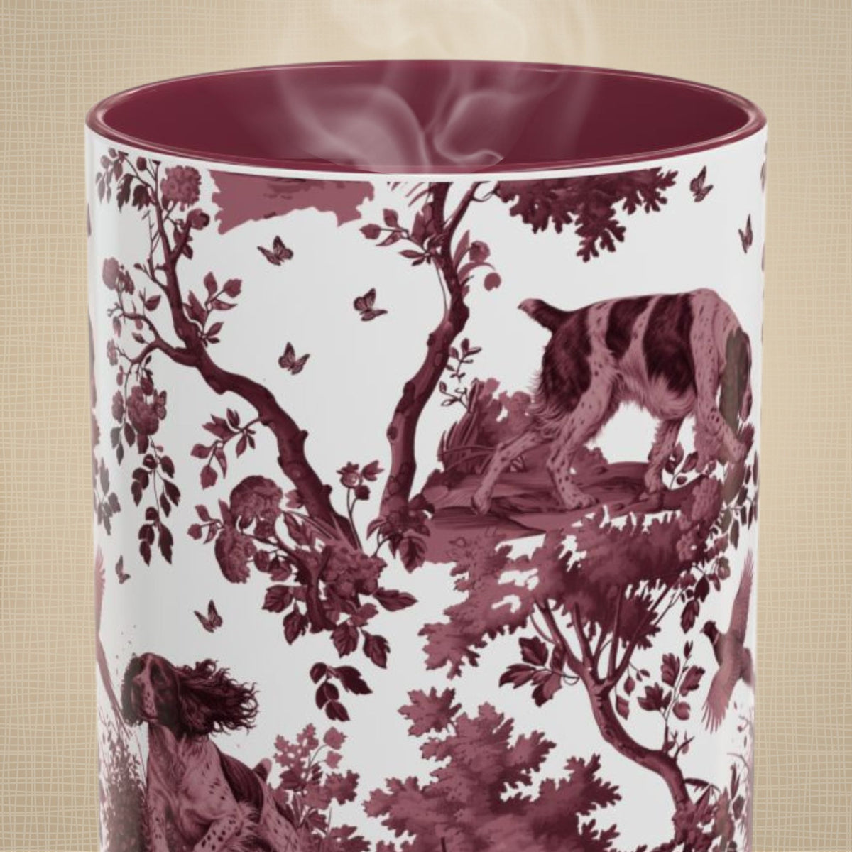 English Springer Spaniel cranberry toile 15 oz ceramic mug, front view
