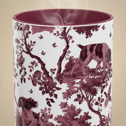 English Springer Spaniel cranberry toile 15 oz ceramic mug, front view