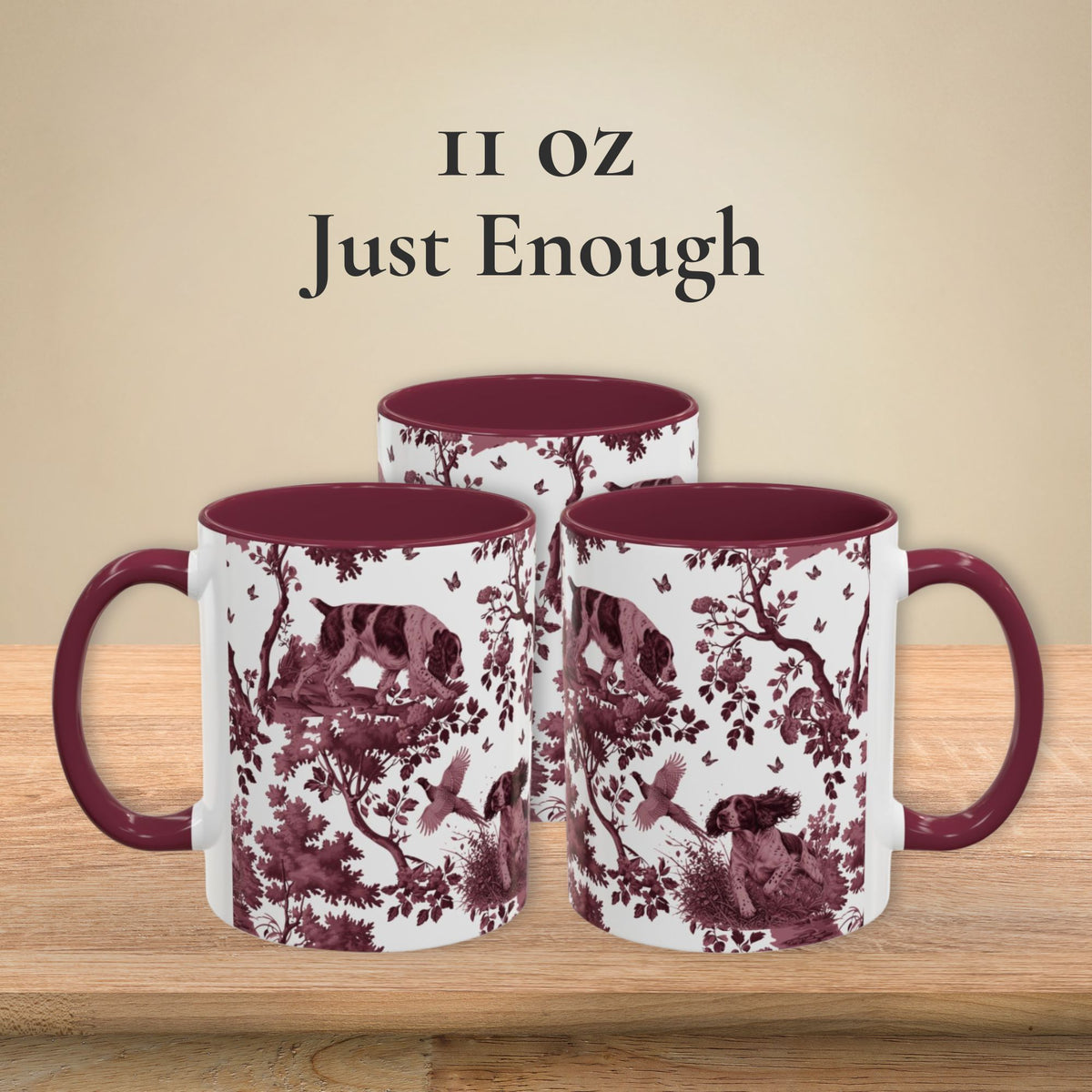 English Springer Spaniel cranberry toile 11 oz ceramic mug, left, front and right views