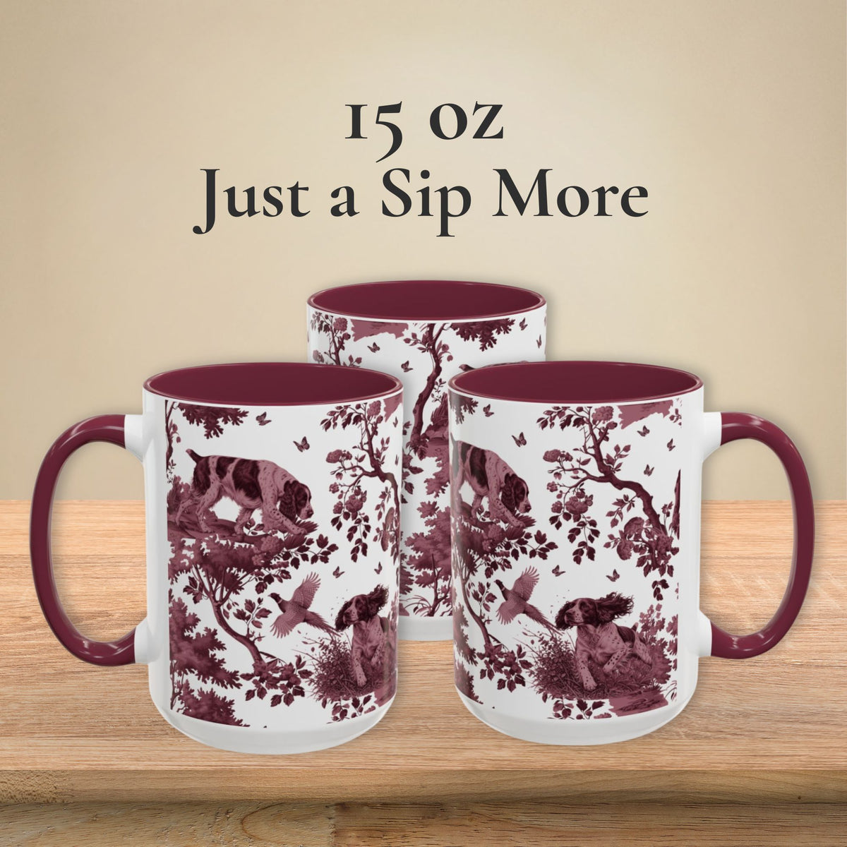 English Springer Spaniel cranberry toile 15 oz ceramic mug, left, front and right views