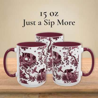 English Springer Spaniel cranberry toile 15 oz ceramic mug, left, front and right views