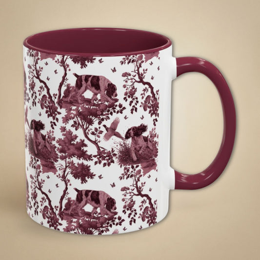 English Springer Spaniel petite cranberry toile 11 oz ceramic mug, right view